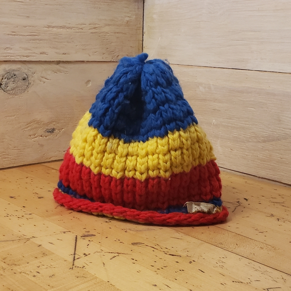 Vintage Christian Dior chunky knit crochet colorblock beanie hat roll hem luxury